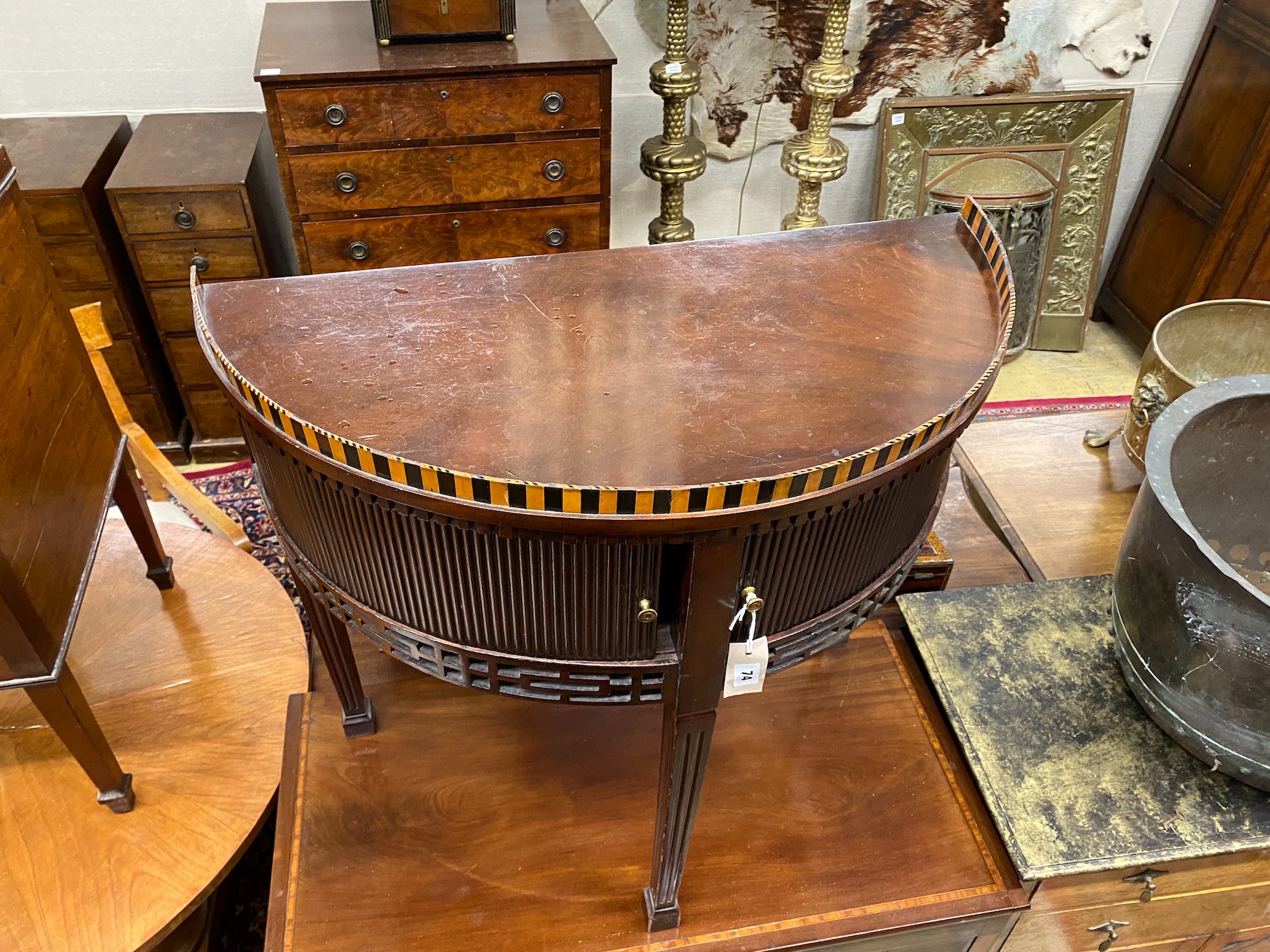 A George III mahogany D shaped tambour side cabinet, width 76cm, depth 38cm, height 75cm